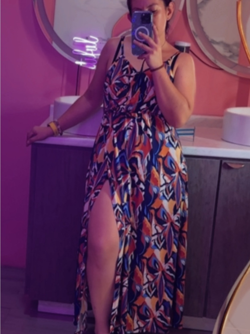 George Multicolor Abstract Print Maxi Dress with Front Slit